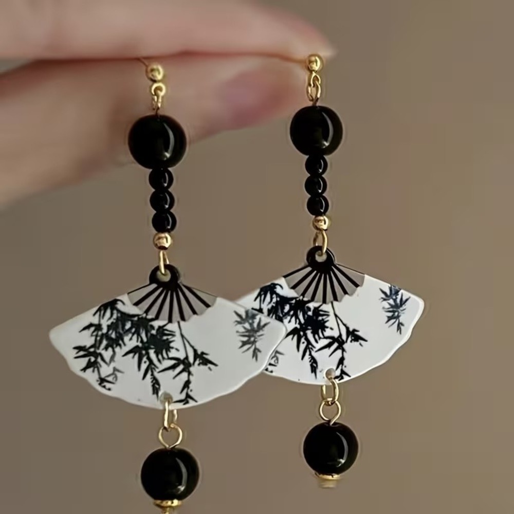 Handmade Bamboo Print Fan Drop Earrings Black and White Asian Inspired Jewelry